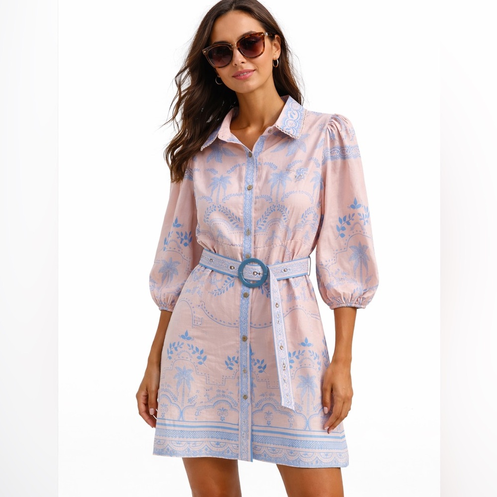 YOZY Pink Blue Palm Print Shirt Dress Belted Linen Blend Size L (8-10)